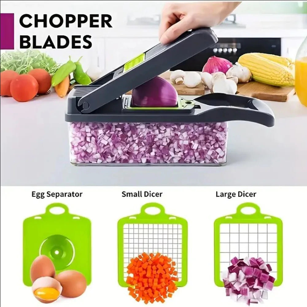 Vegetable Chopper & Mandoline Slicer with Container – Onion Cutter, Cheese Grater & Salad Veggie Chopper Kitchen Tool