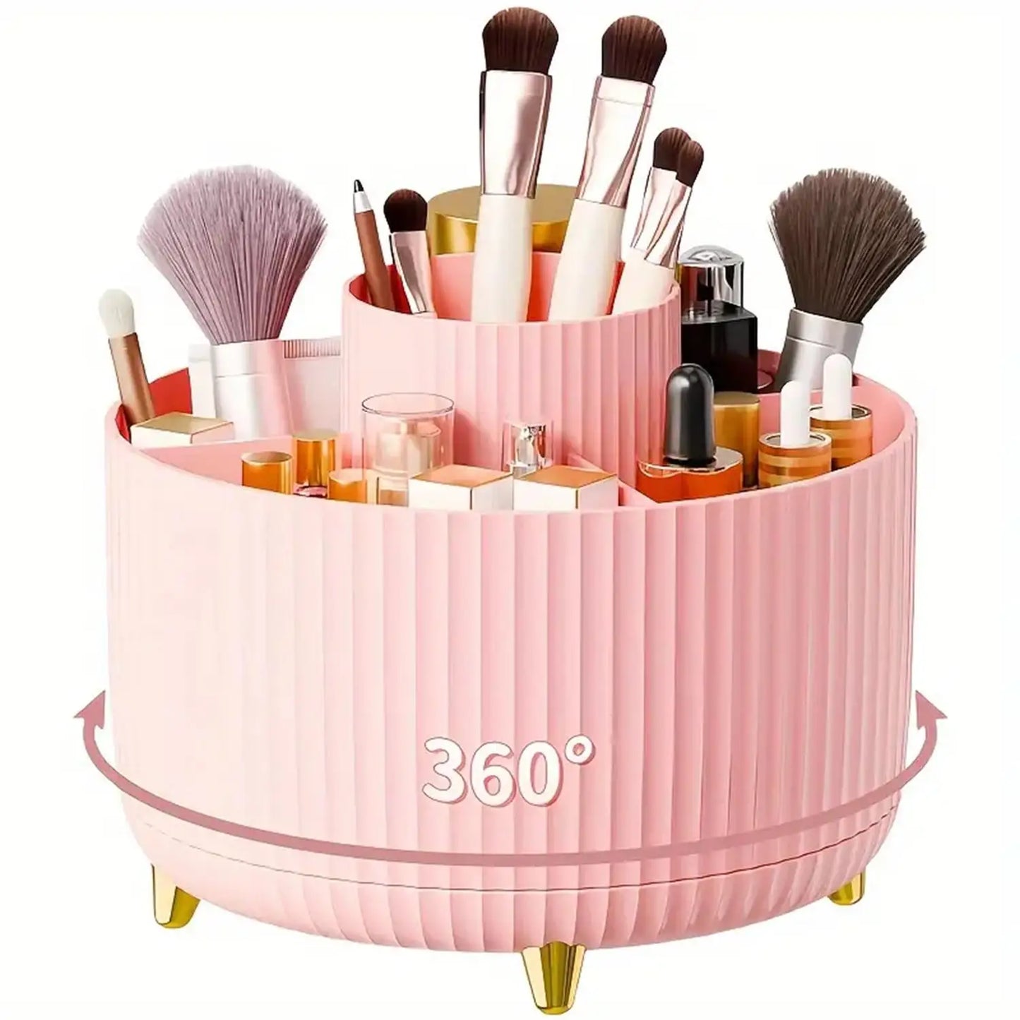 360° Rotating Makeup Organizer – Plastic Cosmetic Storage Box with 5 Compartments, Multi-Functional Brush Holder