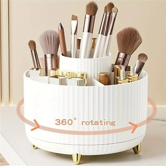 360° Rotating Makeup Organizer – Plastic Cosmetic Storage Box with 5 Compartments, Multi-Functional Brush Holder