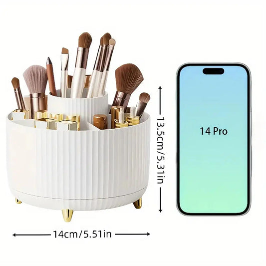 360° Rotating Makeup Organizer – Plastic Cosmetic Storage Box with 5 Compartments, Multi-Functional Brush Holder