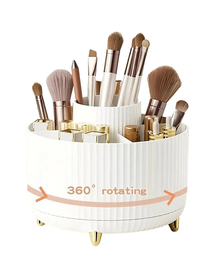 360° Rotating Makeup Organizer – Plastic Cosmetic Storage Box with 5 Compartments, Multi-Functional Brush Holder