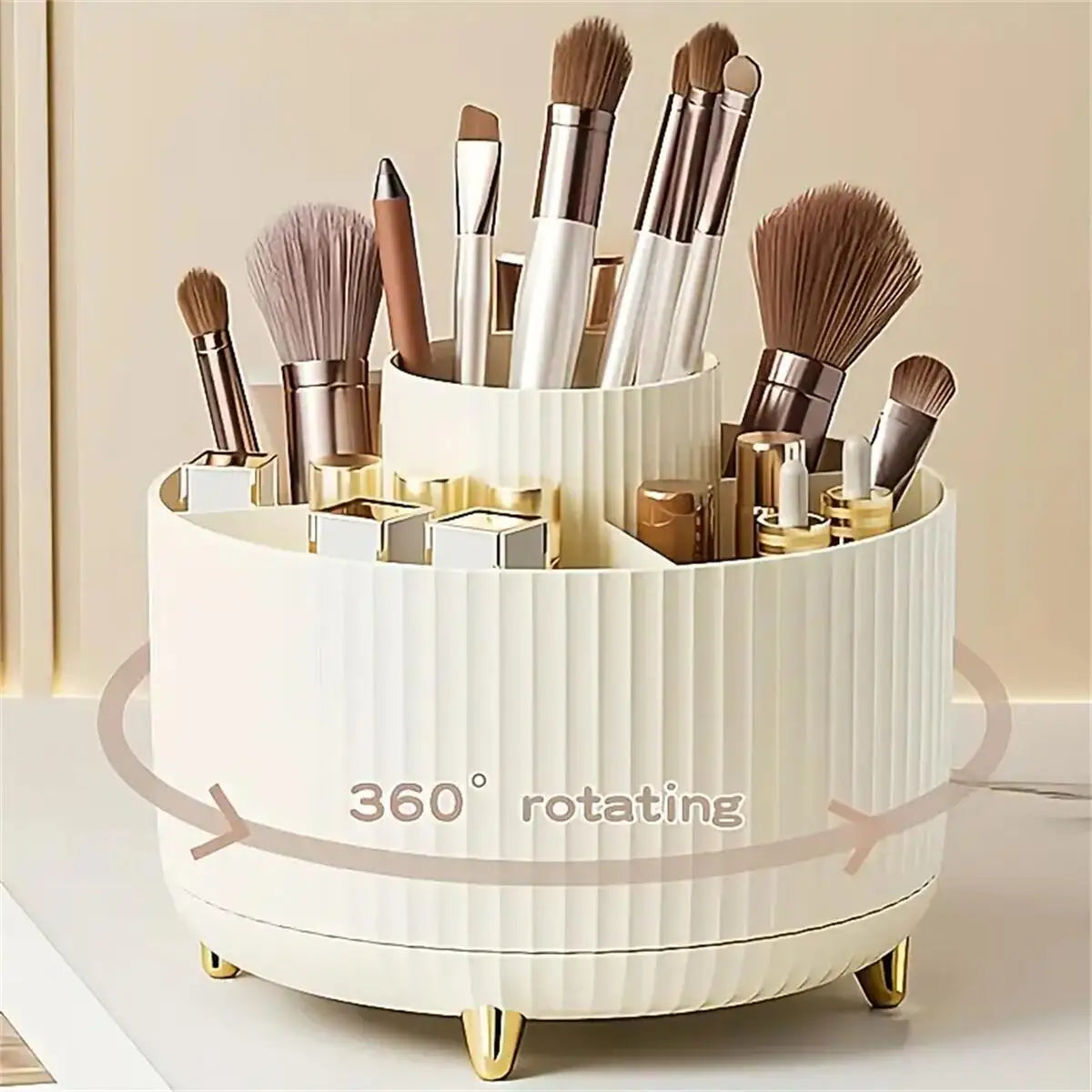 360° Rotating Makeup Organizer – Plastic Cosmetic Storage Box with 5 Compartments, Multi-Functional Brush Holder