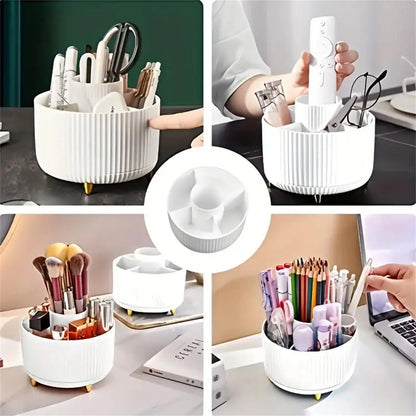 360° Rotating Makeup Organizer – Plastic Cosmetic Storage Box with 5 Compartments, Multi-Functional Brush Holder