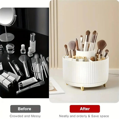 360° Rotating Makeup Organizer – Plastic Cosmetic Storage Box with 5 Compartments, Multi-Functional Brush Holder