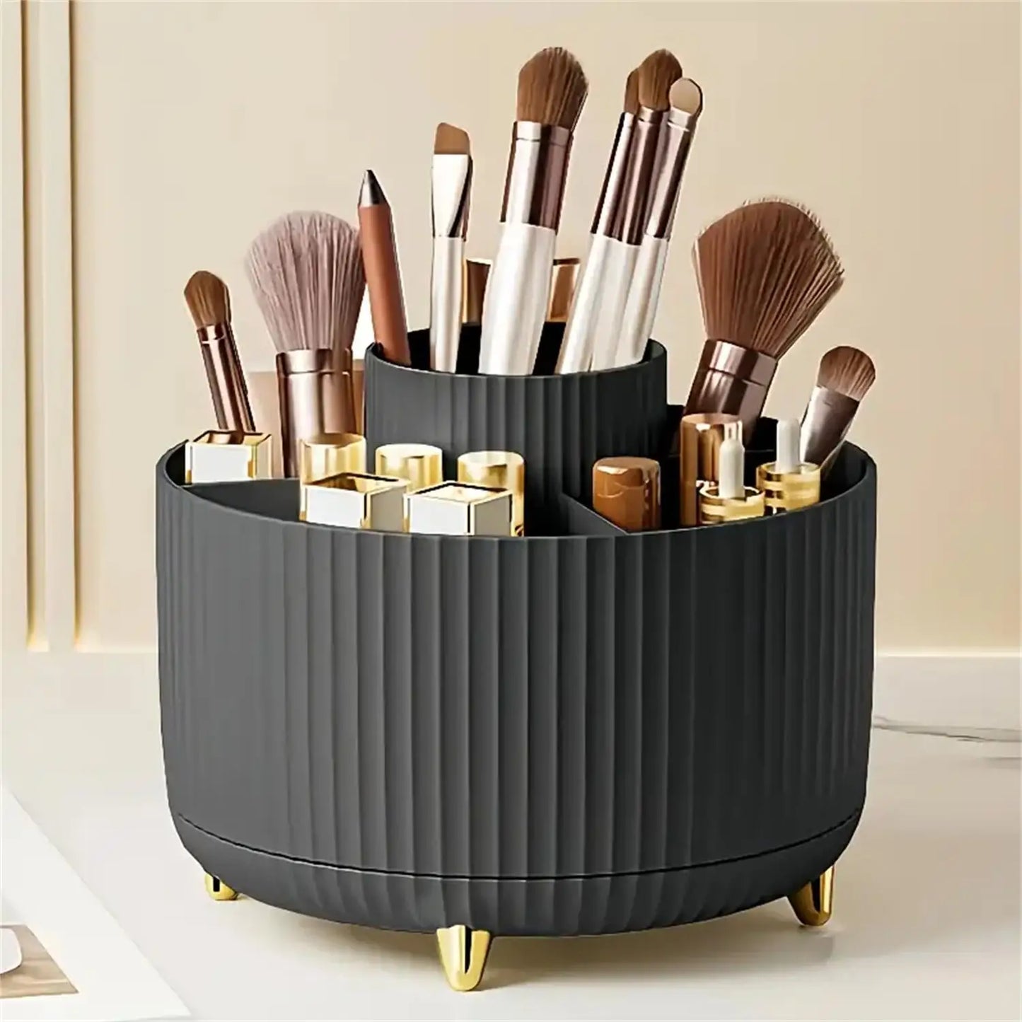 360° Rotating Makeup Organizer – Plastic Cosmetic Storage Box with 5 Compartments, Multi-Functional Brush Holder
