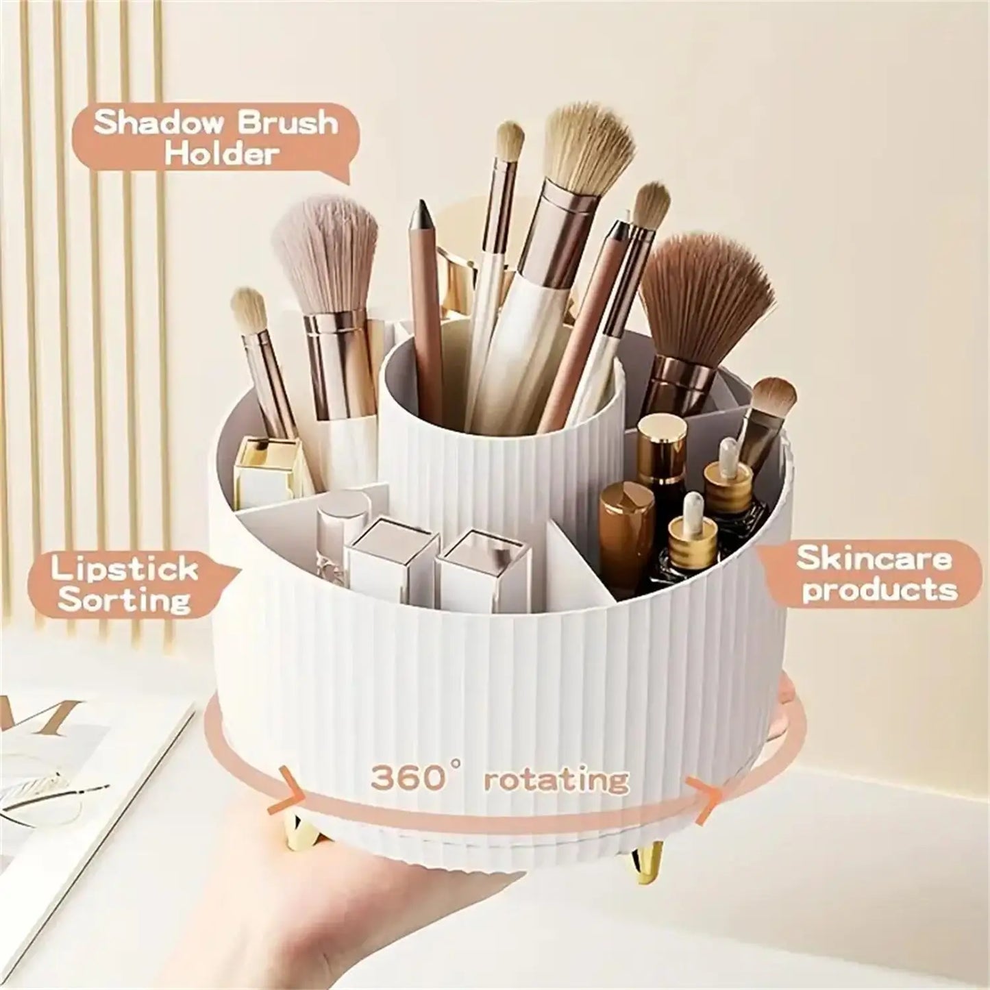 360° Rotating Makeup Organizer – Plastic Cosmetic Storage Box with 5 Compartments, Multi-Functional Brush Holder