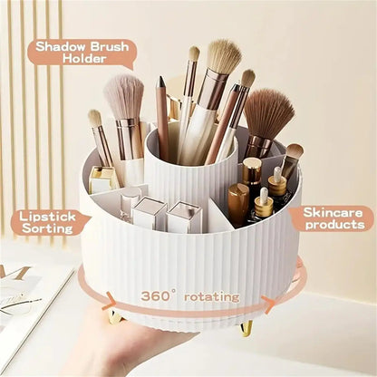 360° Rotating Makeup Organizer – Plastic Cosmetic Storage Box with 5 Compartments, Multi-Functional Brush Holder